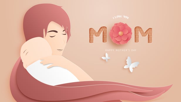 Paper art Mother's Day poster with mom hugging baby vector