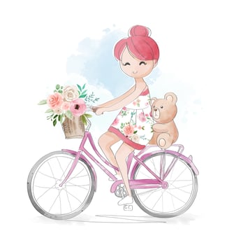 Girl and Little Bear Riding Bicycle  vector