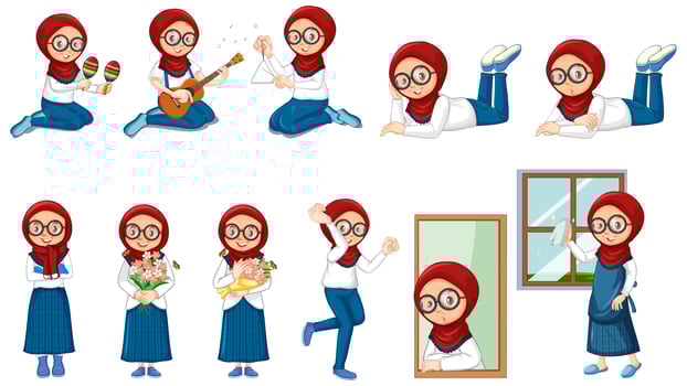 Muslim girl doing many activities on white background vector