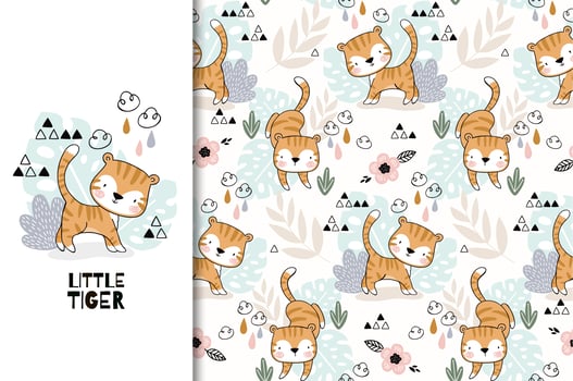 Little tiger cartoon design and seamless pattern vector