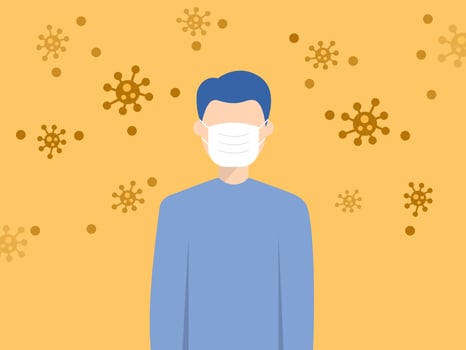 Closeup of masked man among virus cells vector