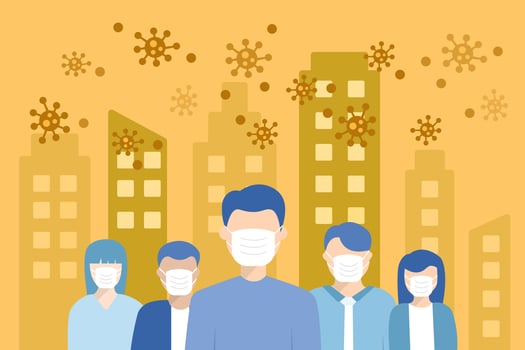 People wearing medical masks among viruses in city vector