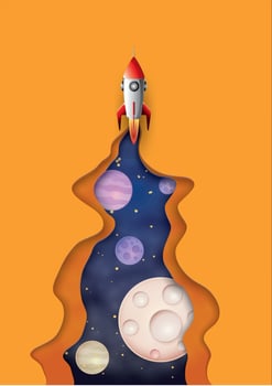 Rocket launch with galaxy in paper cut smoke trail vector