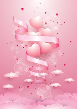 Hearts and ribbon in sky in pink color scheme vector