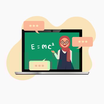Hijab teacher on laptop teaching online class vector