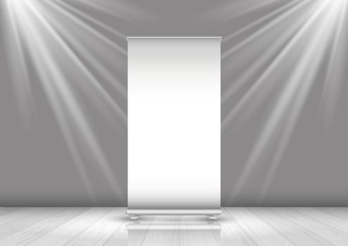 Business roll up banner in room with spotlights shining down vector