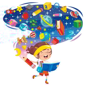 Happy School Girl with Book and Imagination Cloud vector