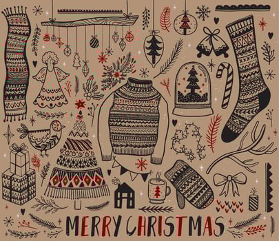 Set of hand drawn Christmas design elements vector