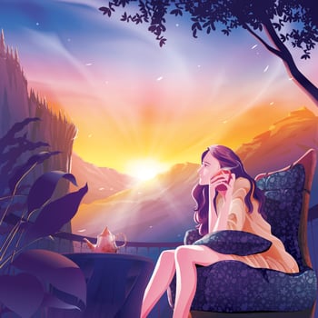 Lady drinking coffee on balcony in the morning vector