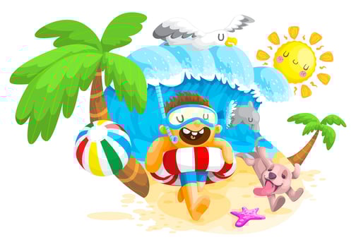 Boy and dog playing on the beach vector