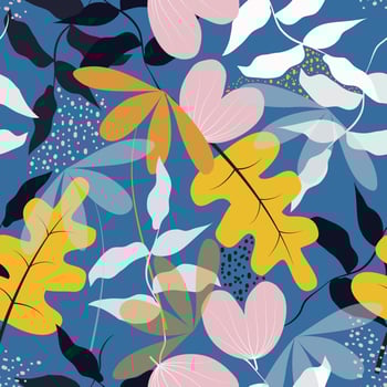 Flowers and leaves on blue background pattern vector