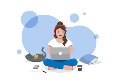 Woman use laptop sitting on a floor with cat vector