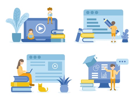 Male, Female Students Reading and Learning in Online Courses vector