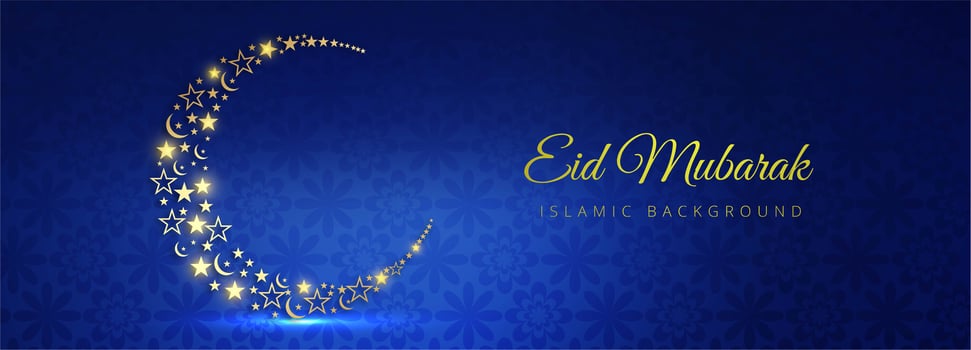 Eid Mubarak glowing golden moon on blue pattern vector