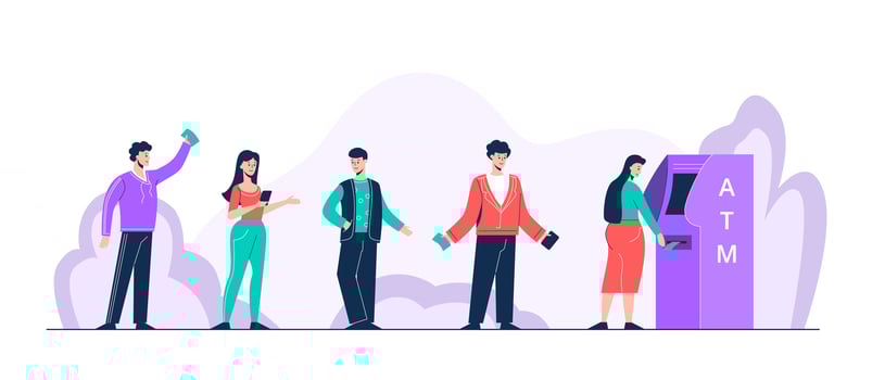 Cartoon positive people standing in queue at atm vector