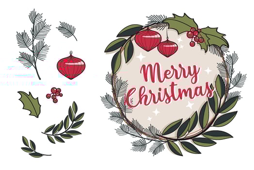 Vintage Christmas Wreath with Leaves, Red Berries, Balls and Mistletoe vector