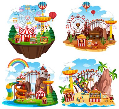 Theme park scene with many rides on islands vector