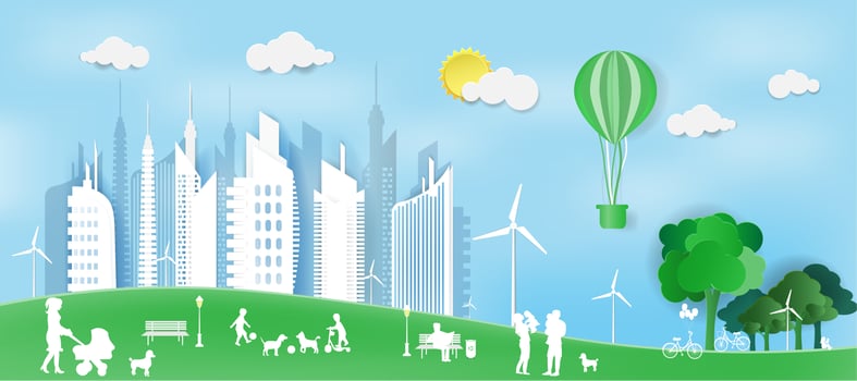 Paper style happy families in green park by city vector