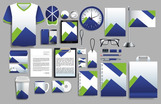 Set of Blue, Green Elements with Stationery Templates vector