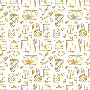 Hand drawn golden outline kitchen elements seamless pattern vector