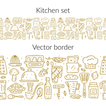 Hand drawn golden outline kitchen elements seamless border vector