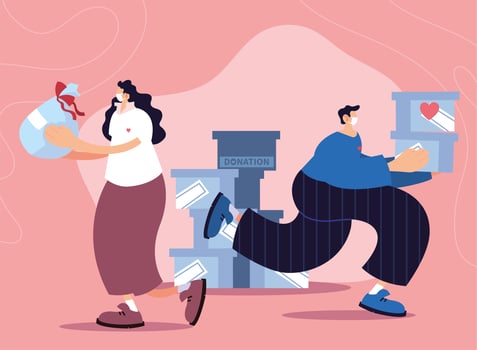 Couple using medical mask giving charity donation vector