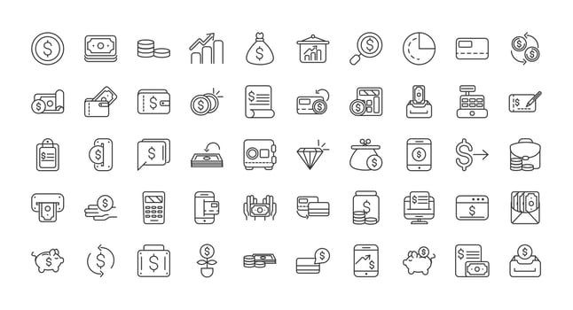 Economy and finances thick line art icons set vector