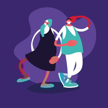 Two people wearing surgical mask avoiding infection vector