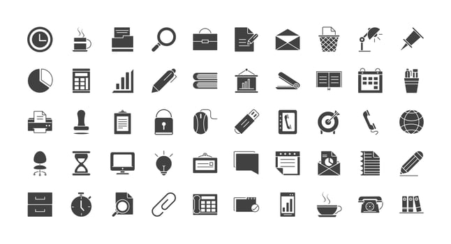 Office supplies and stationery silhouette icon set  vector