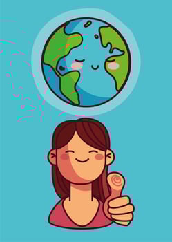 Cute planet earth and woman with thumb up vector