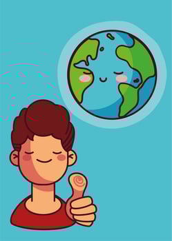 Cute planet earth and man with thumb up vector