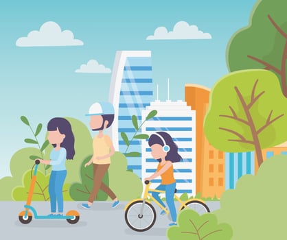 Women riding bikes and electric scooters in the city vector