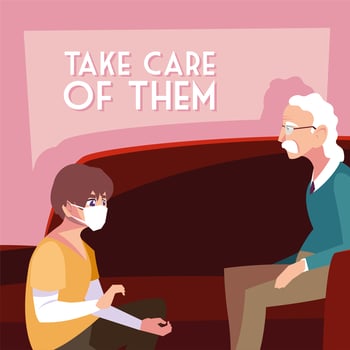 Young man with a mask taking care of an old man vector