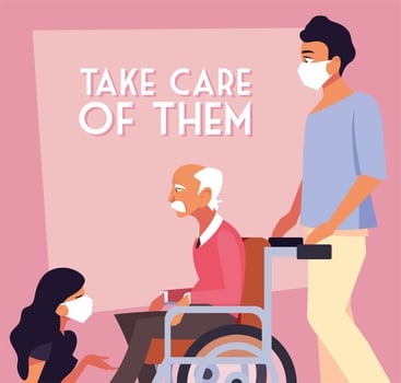 Masked people taking care of old man in a wheelchair vector