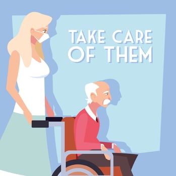 Woman takes care of an old man in wheelchair vector