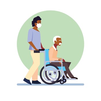 Man using medical mask and taking care of an old man vector