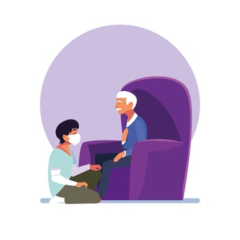 Young man using medical mask and taking care of old man vector