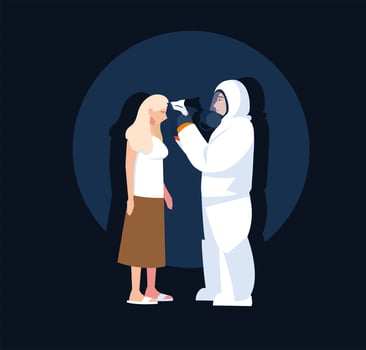 Medical professional in protective clothing diagnoses a person vector
