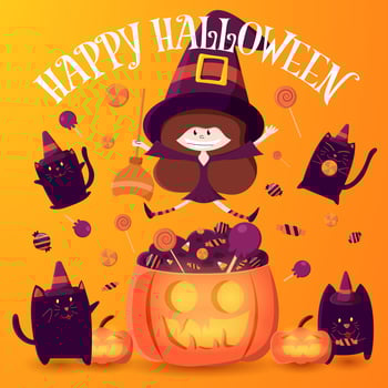 Girl in witch costume with pumpkin full of candy vector