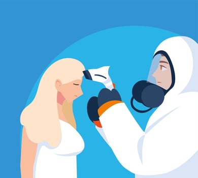 Medical professional in protective clothing diagnoses a woman vector
