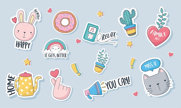 Assorted cute stickers, cards or patches vector