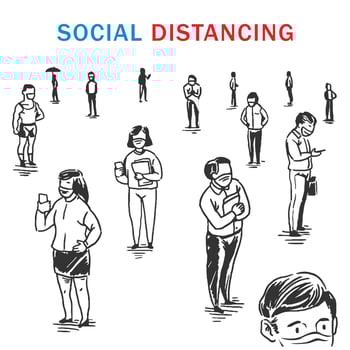 Hand drawn social distancing concept with masked people vector