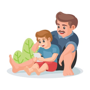 Father and Son Watching Video on Tablet vector