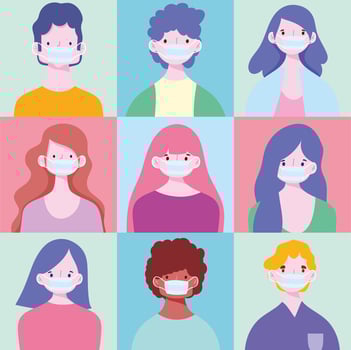 Set of young people wearing medical masks vector