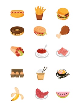 Pack of restaurant food and fruits flat style icons vector
