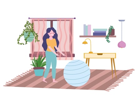 Young woman in living room with fitness ball vector