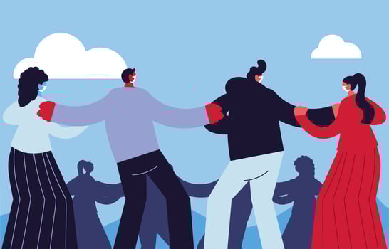 People together with medical mask fighting against coronavirus vector