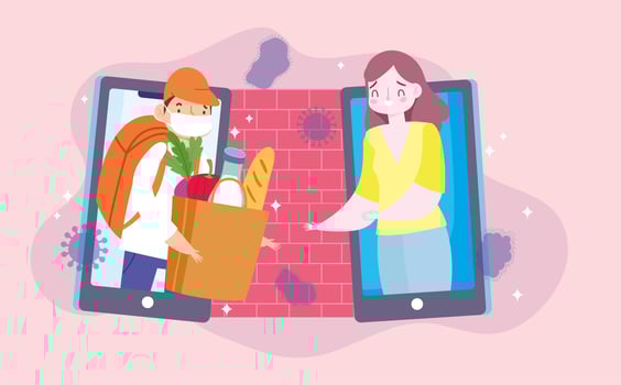 Online food order being safely delivered at home vector