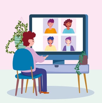 Young man working on the computer during an online conference vector