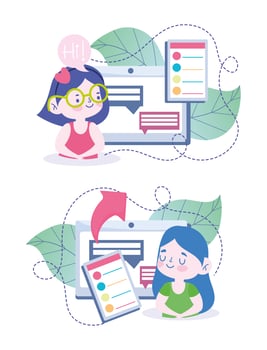 Girls using tablet to study online  vector